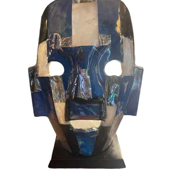 Vintage 1980s Mexican Decor Death Mask Abalone, MOP & Black Onyx Design Lapis - Picture 4 of 6